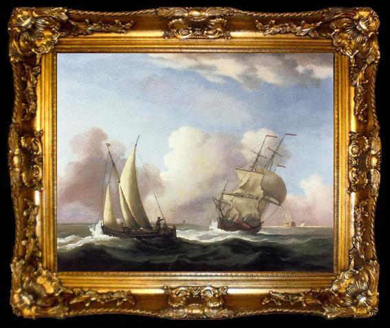framed  Monamy, Peter A Small Sailing boat and a merchantman at sea in a rising Wind, ta009-2